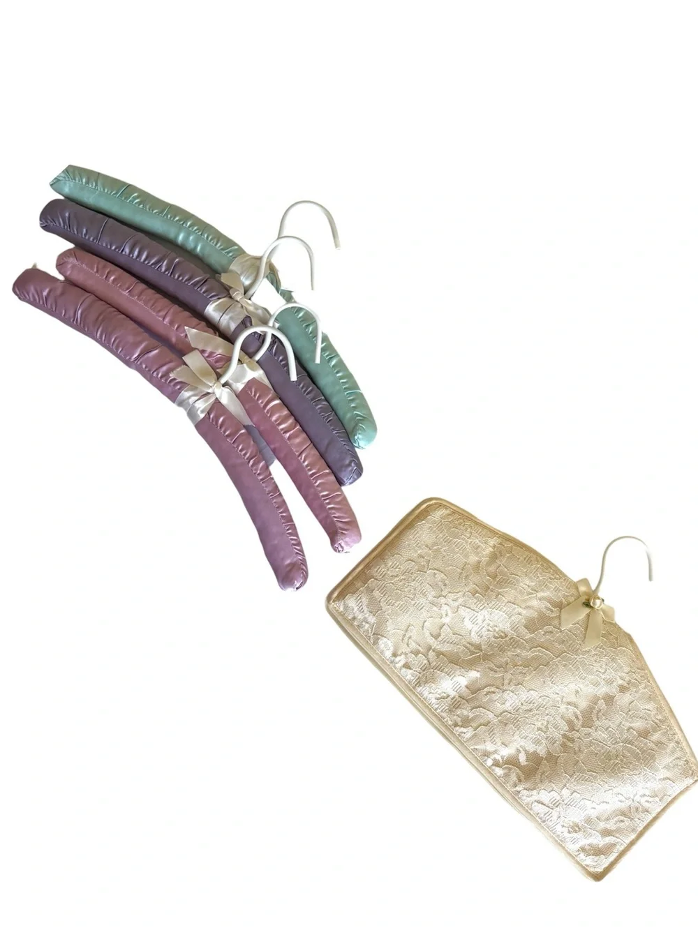 Vintage Satin Padded Hangers & Lingerie Jewelry Travel Organizer Set Pastel